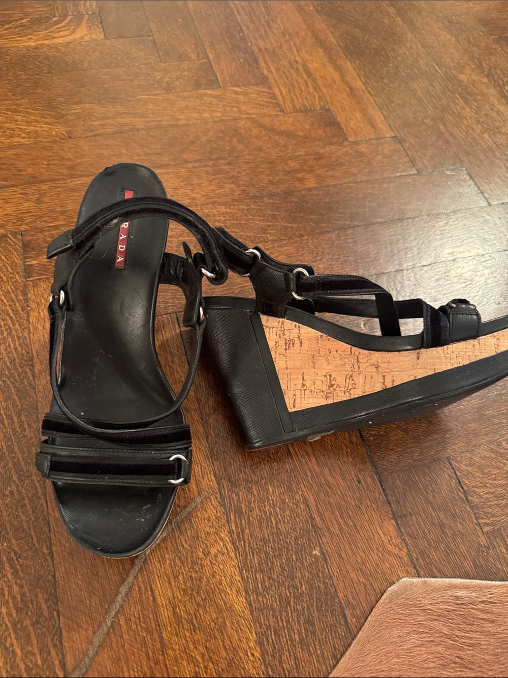Prada Black Wedge Sandals with Cork-Style Side